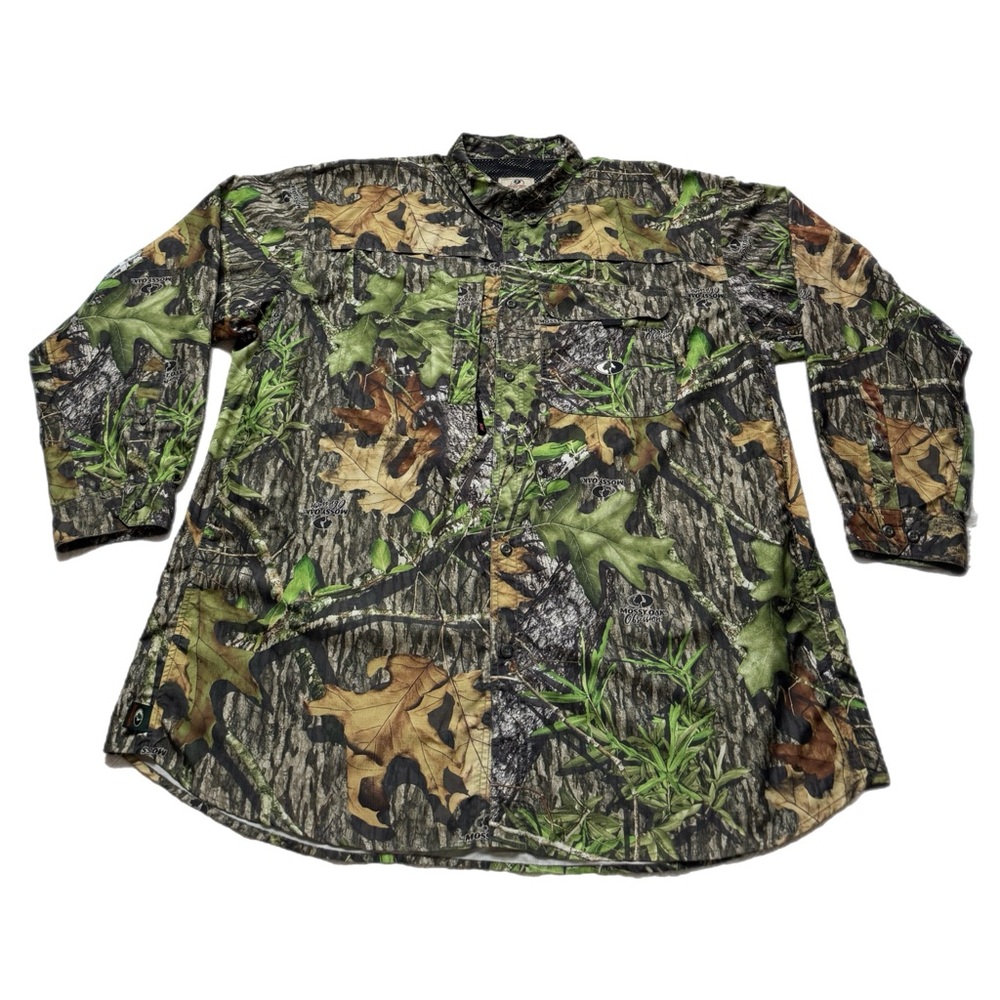 Mossy Oak Men’s Green Camo Leaf Print Long Sleeve Vented Shirt 2XL